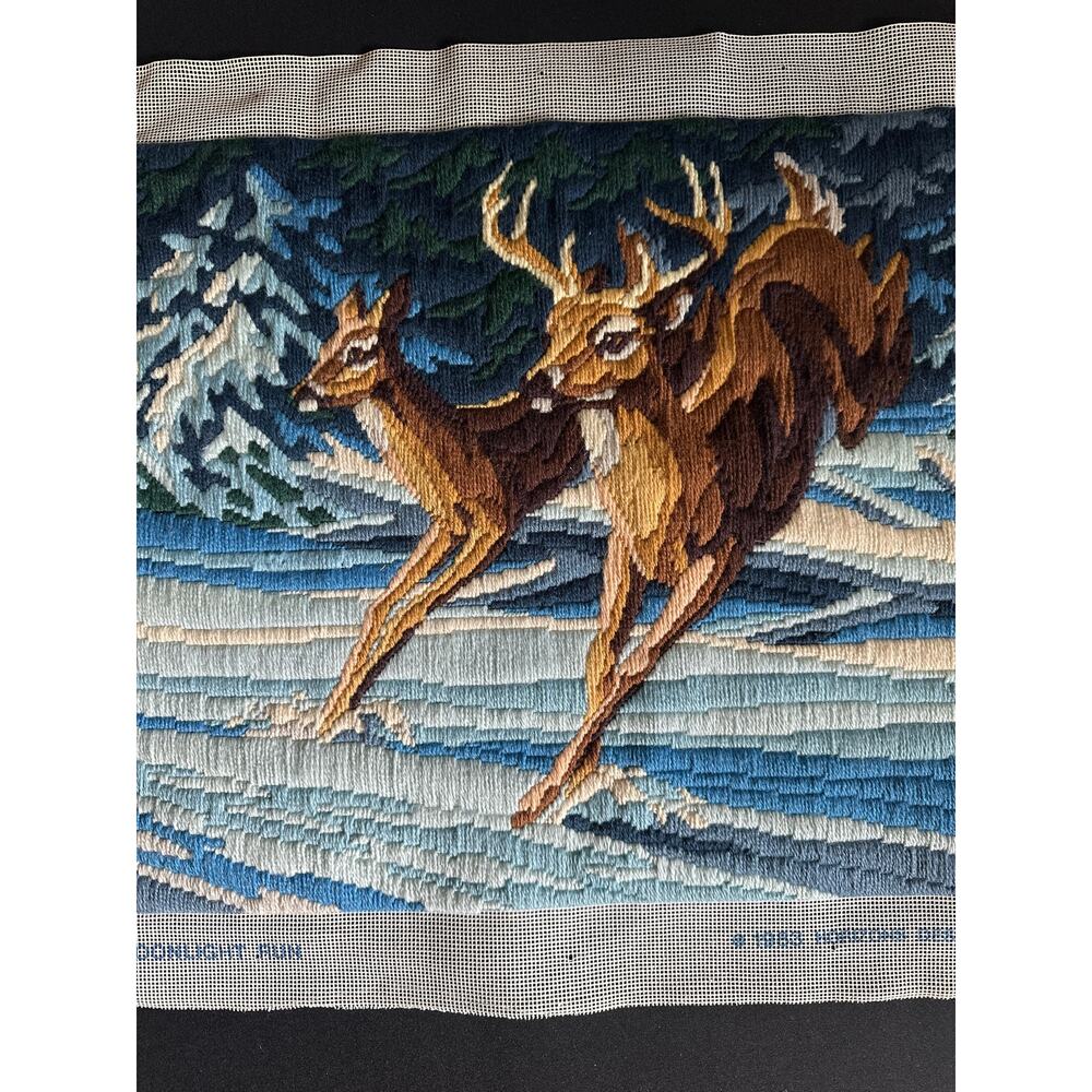 Vintage 1983 Moonlight Run Needlepoint Tapestry Deer Doe Buck Monarch Horizons - Picture 7 of 12